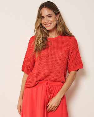 Sweater open knit s/slve Rood