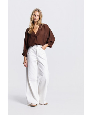PEM BLOUSE C 770 transparant 3/4 sleeve v-neck Bruin 1